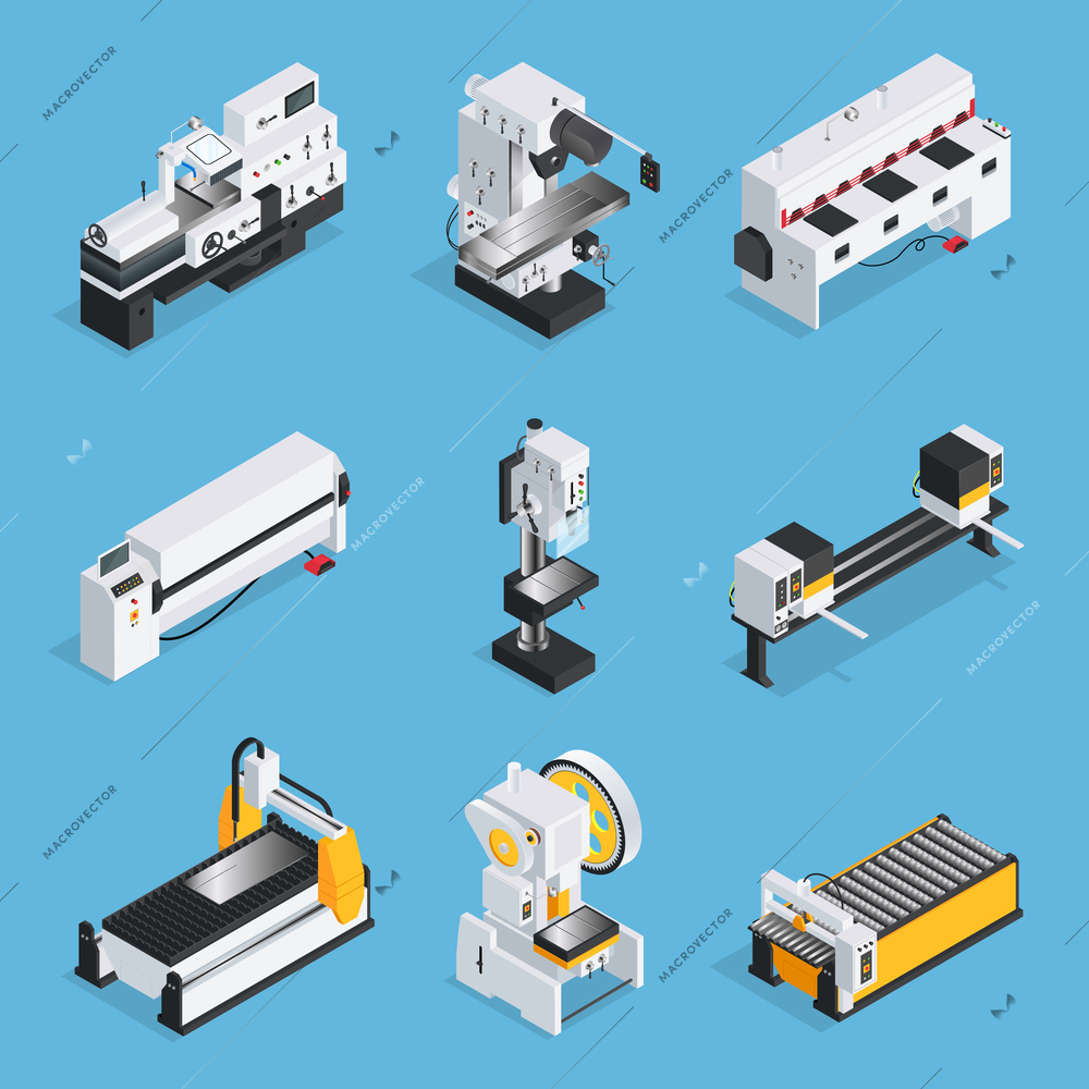 Isometric set of metalworking machines with control panel conveyor computer technologies on blue background isolated vector illustration