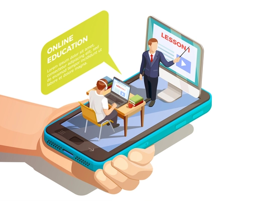 Online education isometric concept with hand holding smartphone with teacher and student on top of screen vector illustration