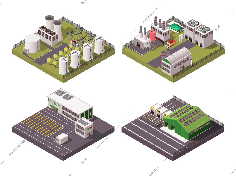 Rural and urban factory industrial buildings 2x2 isometric composition set isolated on white background 3d vector illustration