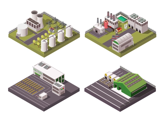 Rural and urban factory industrial buildings 2x2 isometric composition set isolated on white background 3d vector illustration