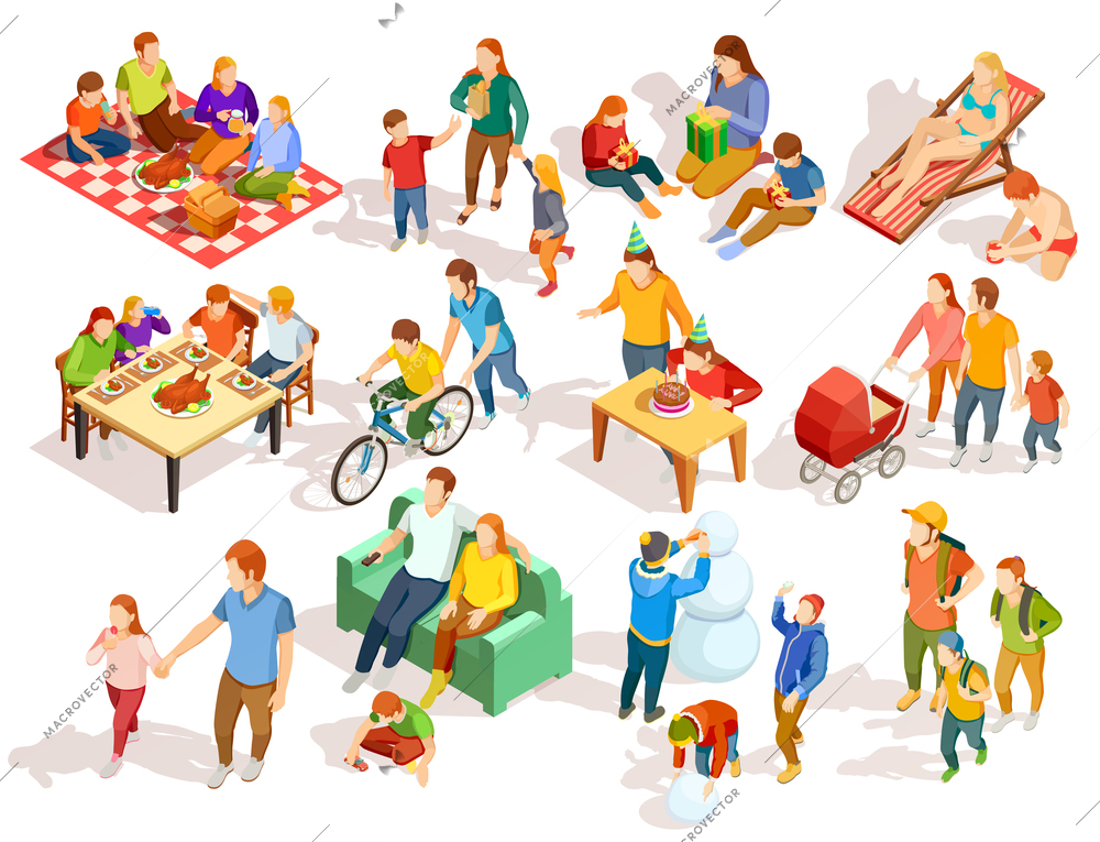 Families spending free time with their children in different places colorful isometric icons set isolated on white background vector illustration