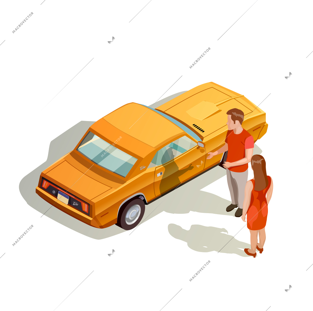 Car kit isometric images composition with male and female characters near realistic orange automobile with shadows vector illustration