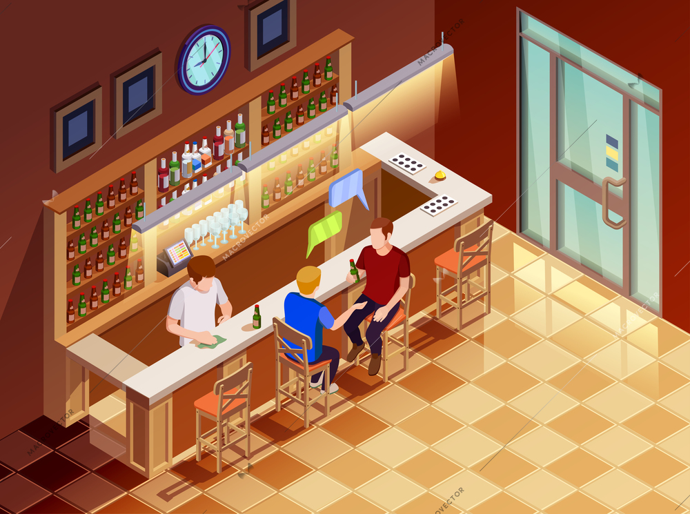 Two young men friends sitting at bar chatting drinking beer served by bartender isometric poster vector illustration