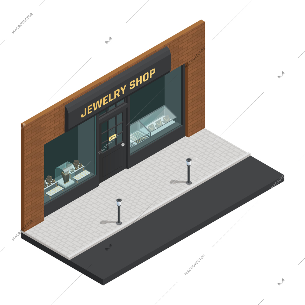 Isolated stylish colored jewelry shop isometric composition with storefront and shop sign vector illustration