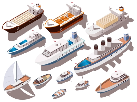 Ships and boats of different size colorful isometric set isolated on white background 3d  vector illustration