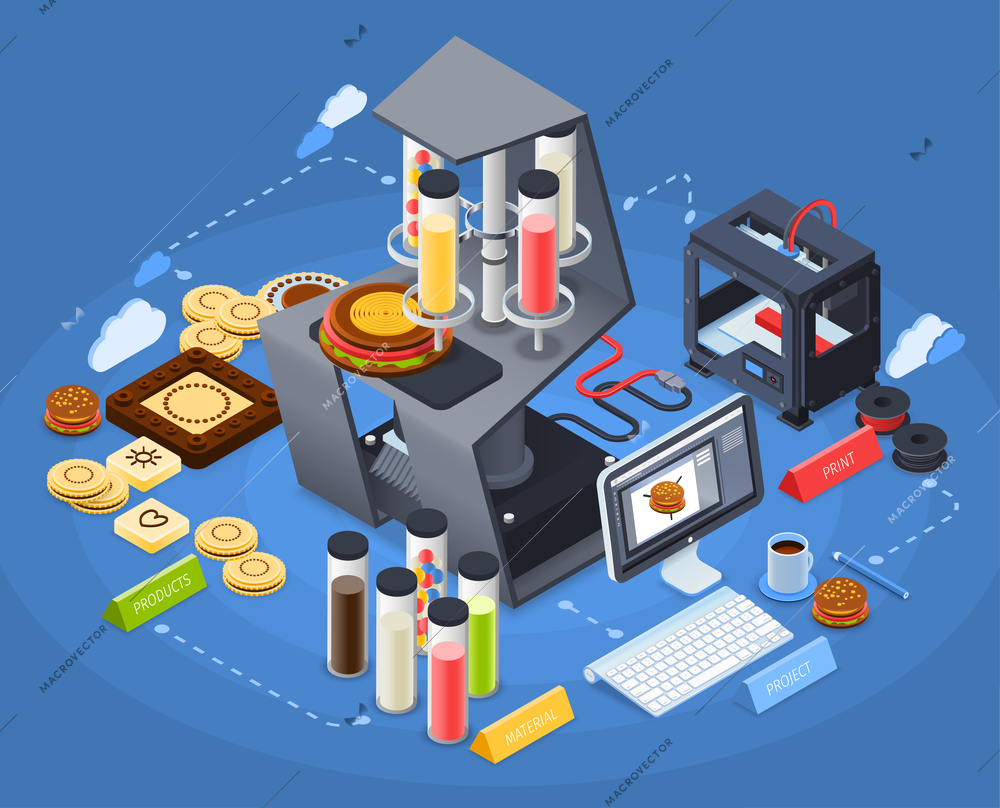 Printing isometric concept with color technology and innovation symbols vector illustration