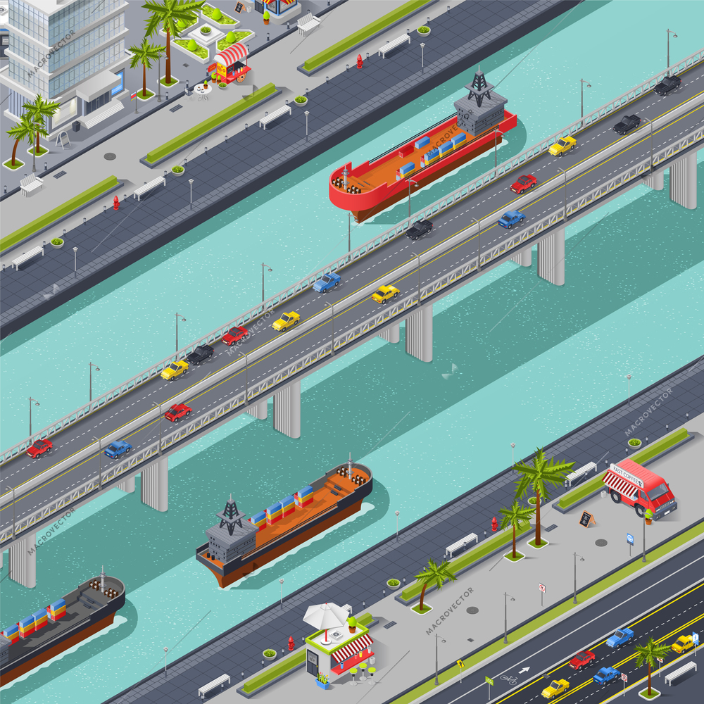 Bridges in the city isometric composition with transport people and ships vector illustration