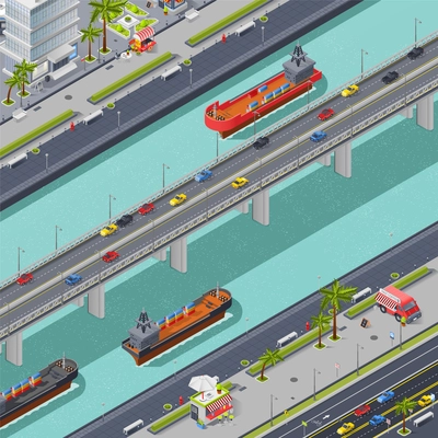 Bridges in the city isometric composition with transport people and ships vector illustration