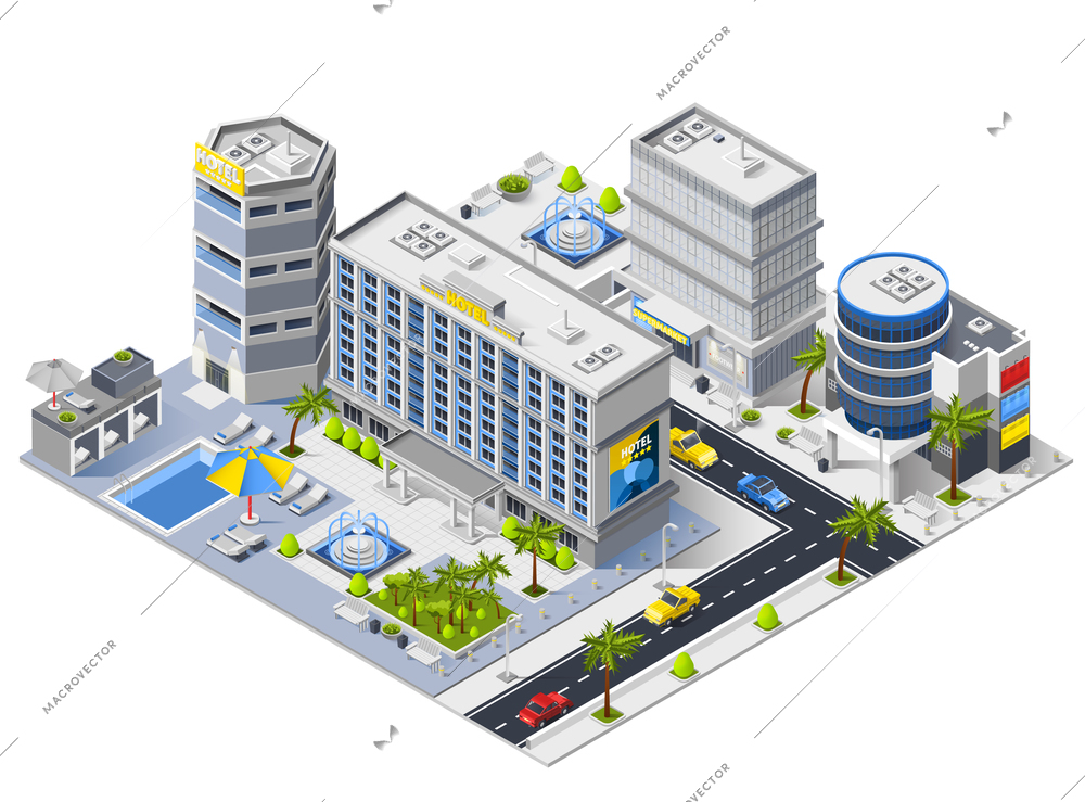 Luxury hotel buildings isometric composition with swimming pool and relaxation area vector illustration