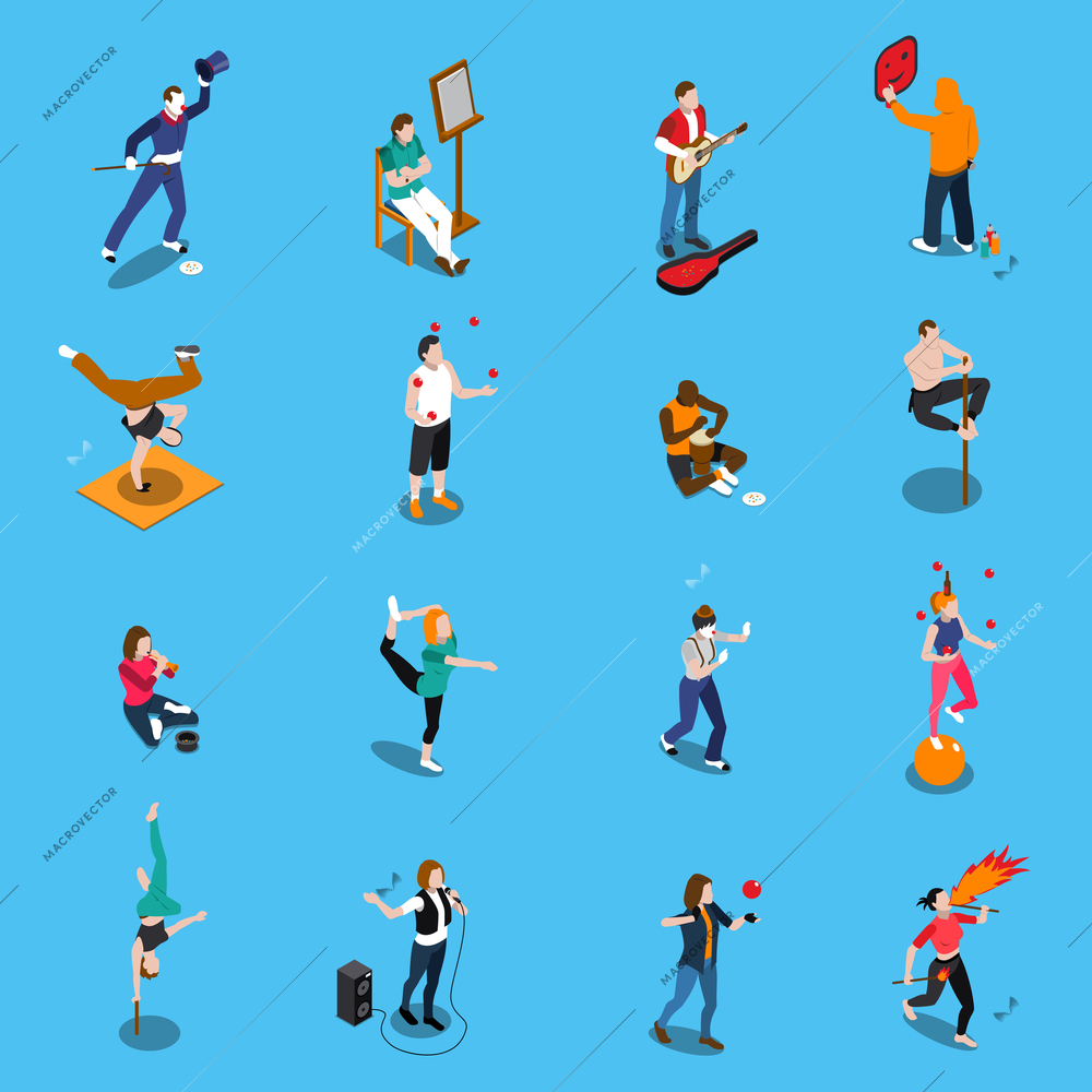 Street artists isometric set with musicians, painter, acrobats, graffiti, dancer, pantomime on blue background isolated vector illustration