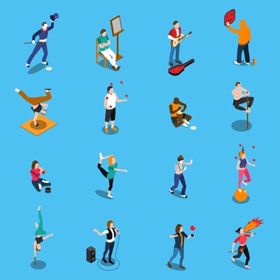 Street artists isometric set with musicians, painter, acrobats, graffiti, dancer, pantomime on blue background isolated vector illustration