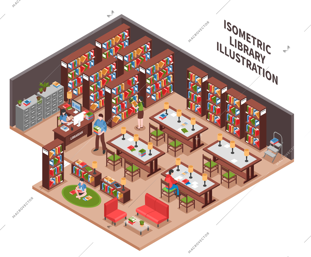 Library with woman employee at workplace with computer bookcases filing cabinet visitors reading area isometric vector illustration