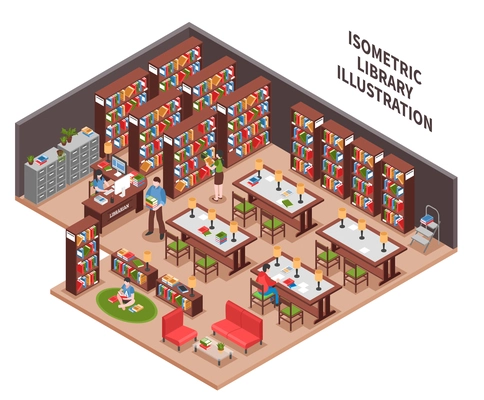 Library with woman employee at workplace with computer bookcases filing cabinet visitors reading area isometric vector illustration