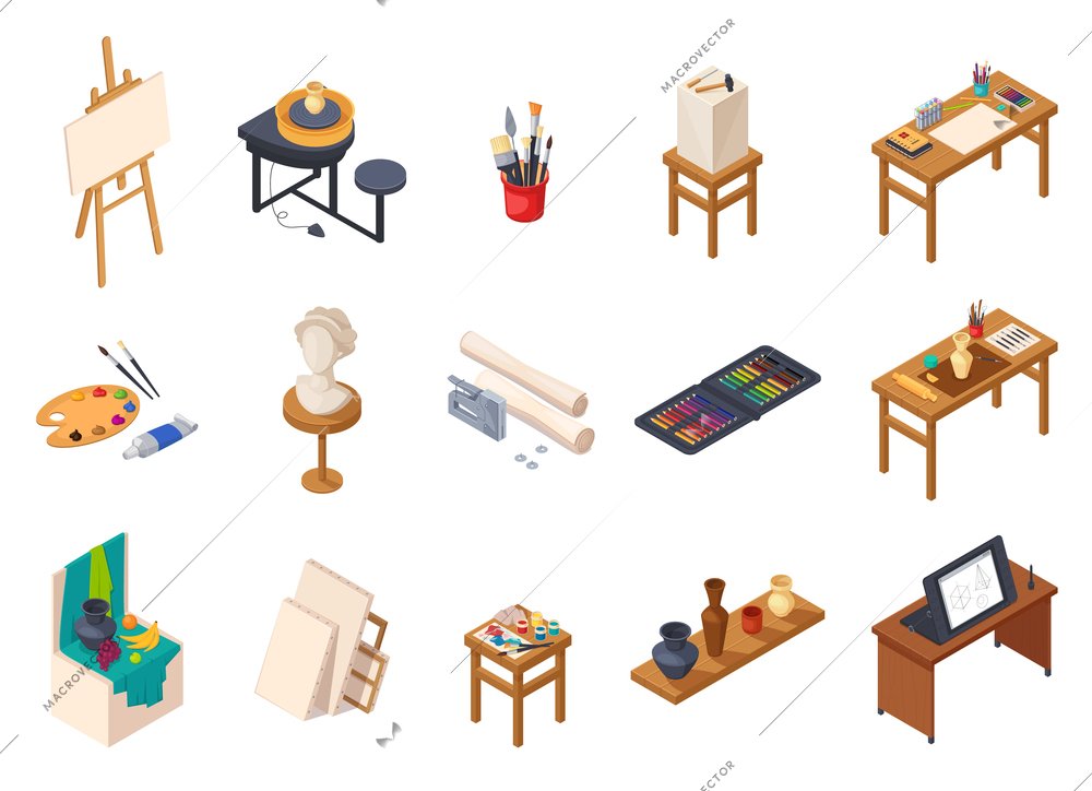 Art studio isometric interior elements collection with isolated painting equipment desks tables shelves with training samples vector illustration
