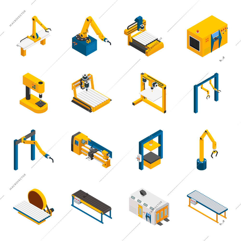 Robotic machinery isometric icons set with technology symbols isolated vector illustration