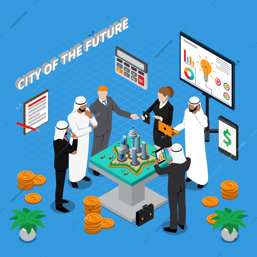Arab city of future isometric composition with international group of people contract for architectural project vector illustration