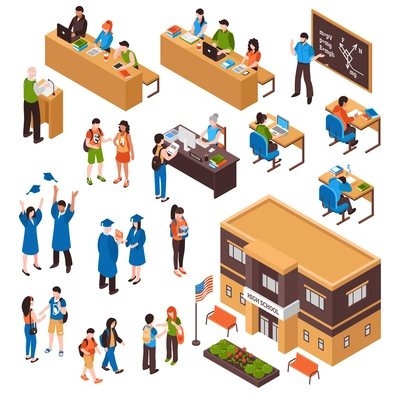 Isometric set of students and teachers in high school and university on white background isolated vector illustration