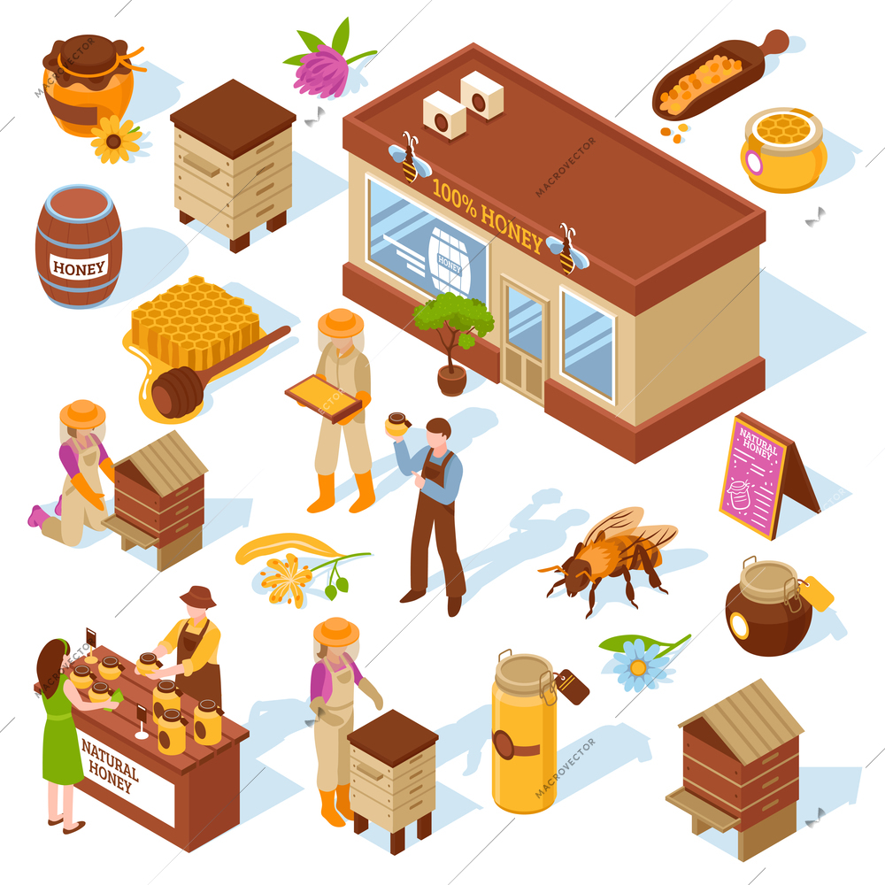 Honey garden apiary farm production and sale isometric icons collection with beehive honeycomb bee isolated vector illustration