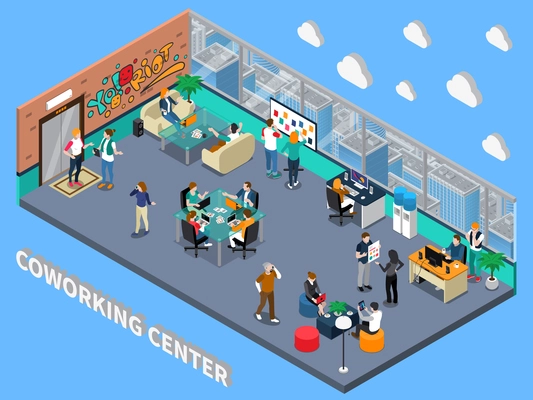 Coworking center isometric interior with people, sofas for meeting, rest zone, workplaces, cityscape from window vector illustration