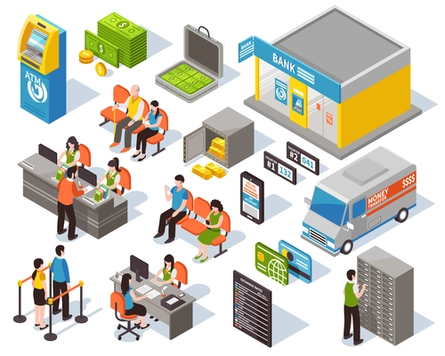 Bank isometric set including staff and visitors, office interior elements, atm and money, transportation isolated vector illustration