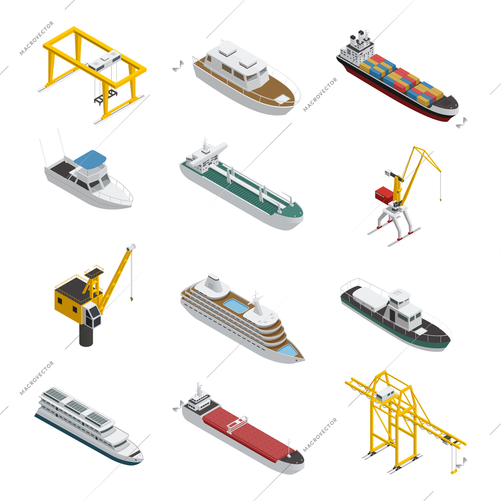 Sea and river vessel isometric icons set with motorboat barge tanker and port cargo equipment vector illustration