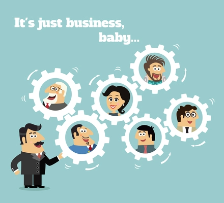 Business team concept with boss and employees in gears vector illustration