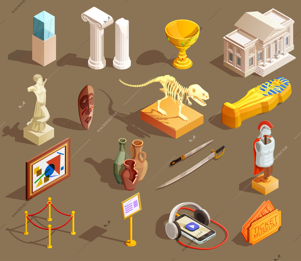 Museum icon isometric set of isolated exhibit items and essential elements for attending museum tour vector illustration