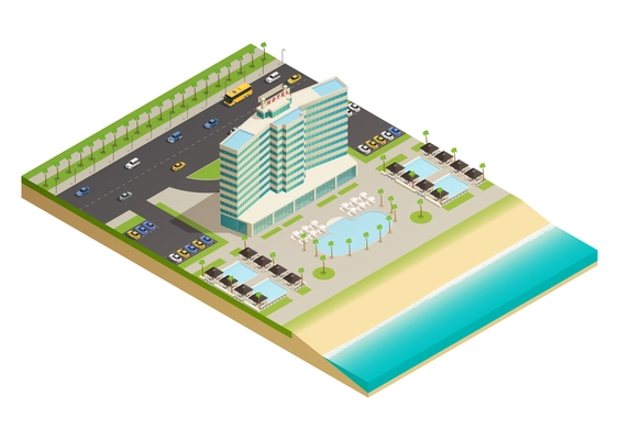 Luxury hotel building on sandy shores of ocean isometric composition with swimming pool and beach equipment vector illustration