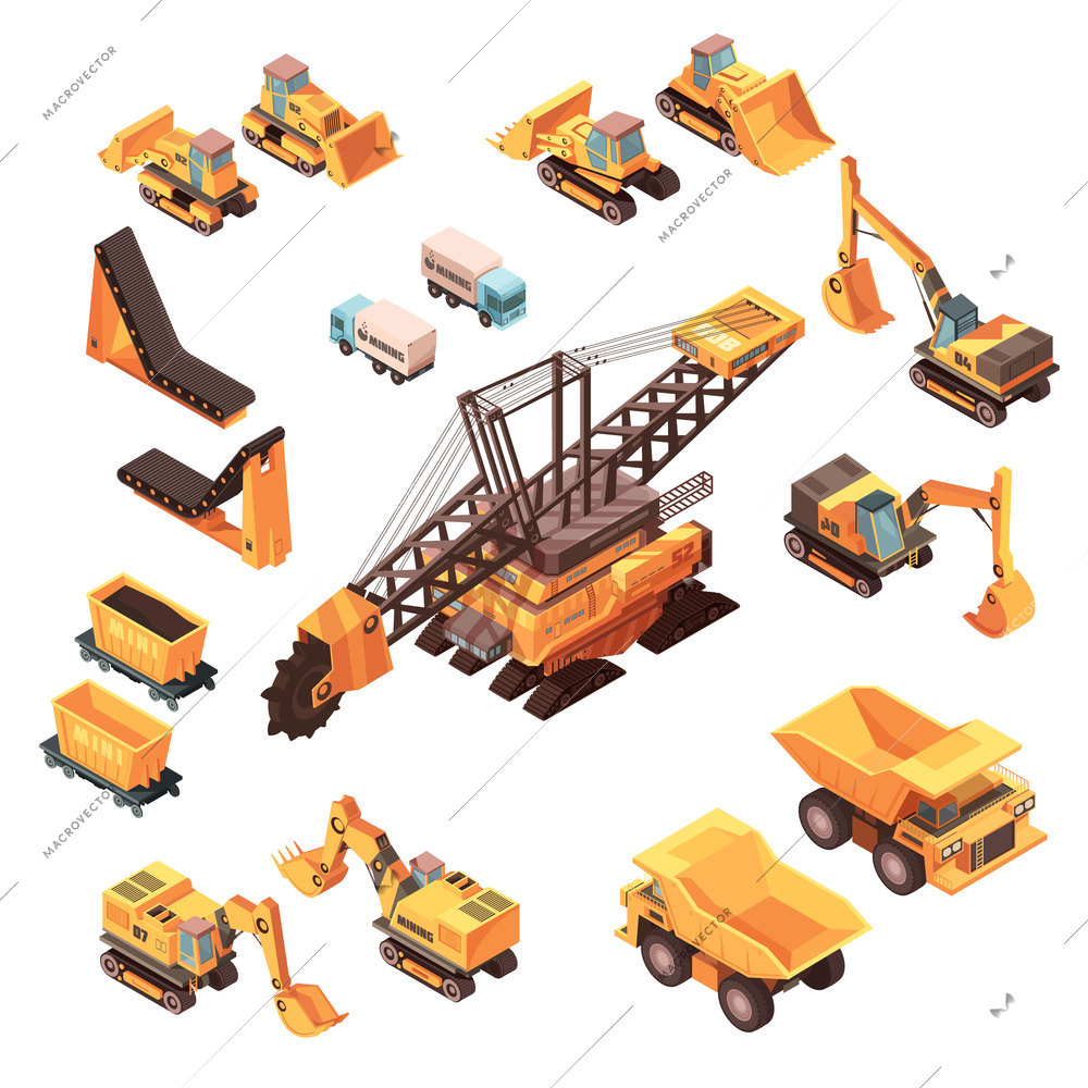 Isometric mining set of isolated machinery images with orange trucks bulldozers lorries excavators and various equipment vector illustration