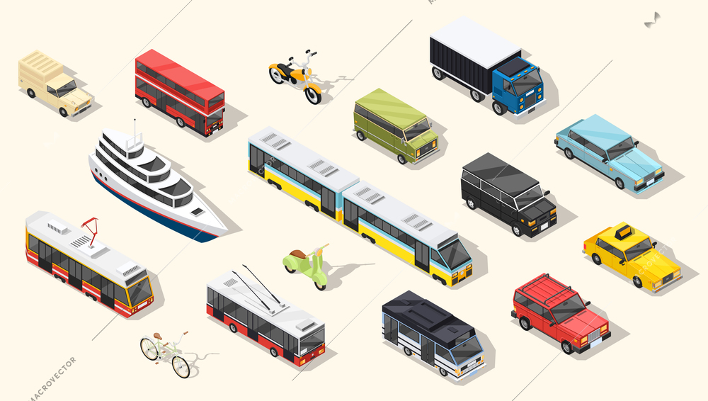 Transport isometric set of isolated urban transportation vehicles tramway cars trolley buses and two-wheel transport with shadows vector illustration