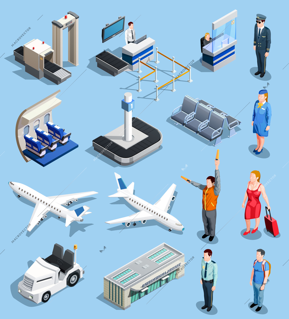 Airport isometric people collection of isolated airport ground equipment and facilities airplane images and human characters vector illustration