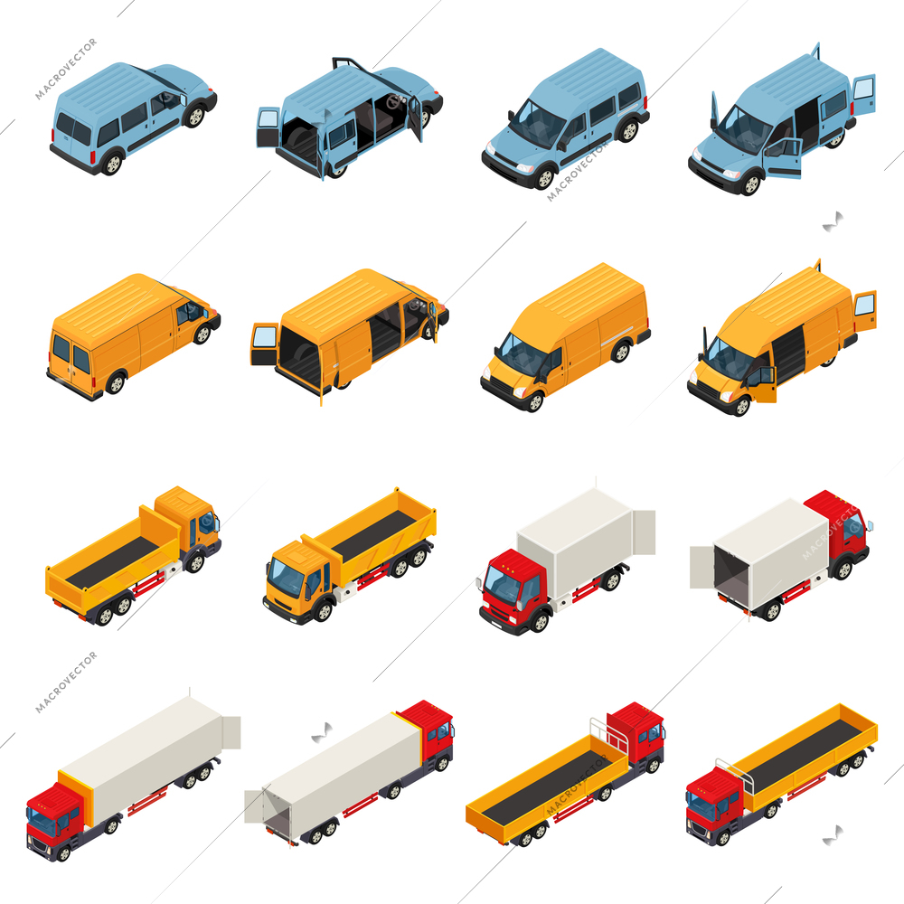 Truck isometric set of isolated cargo transport images of vehicles with opened doors of load box vector illustration