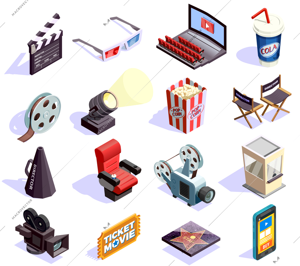 Cinema hall and movie making isometric icons set isolated on white background 3d vector illustration