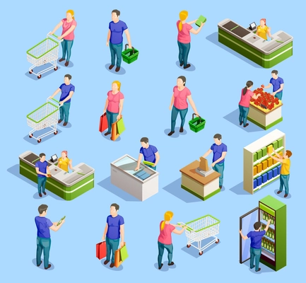 Isometric people shopping set of isolated human characters with trolley carts cabinet shelves and checkout stand vector illustration