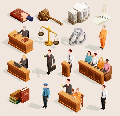 Law icon isometric set of isolated public justice symbols balance gavel wristbands judge and jury characters vector illustration