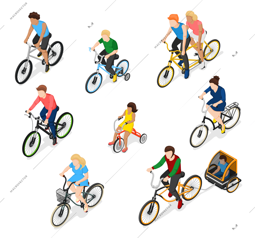 Bicycle isometric people set of isolated bike rider faceless human characters of different age and gender vector illustration