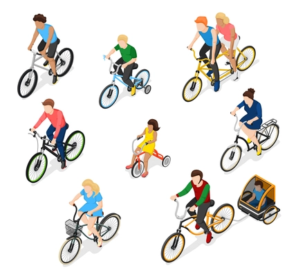 Bicycle isometric people set of isolated bike rider faceless human characters of different age and gender vector illustration