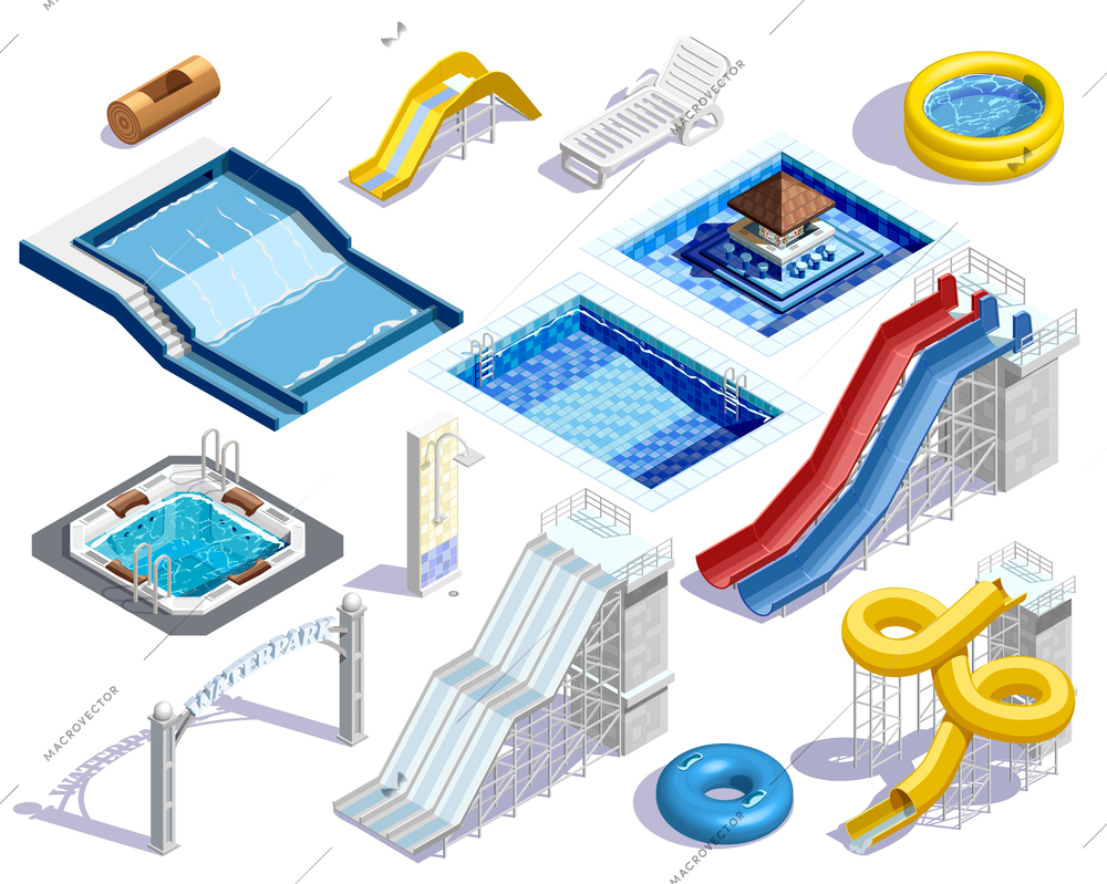 Water park set people isometric images of aquatic facilities tubes pools and waterslides on blank background vector illustration