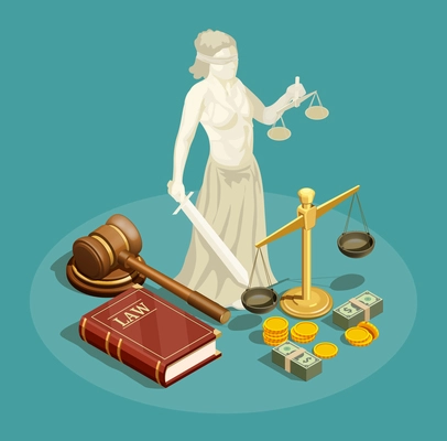 Isometric design concept with statue of themis other symbols of law and justice and money 3d vector illustration