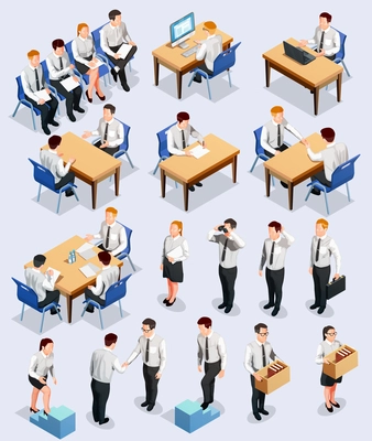 Recruitment isometric people set of isolated human characters during job interview and group assessment in office vector illustration