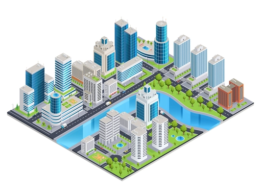 Modern urban landscape isometric composition with skyline buildings streets river and park zone vector illustration