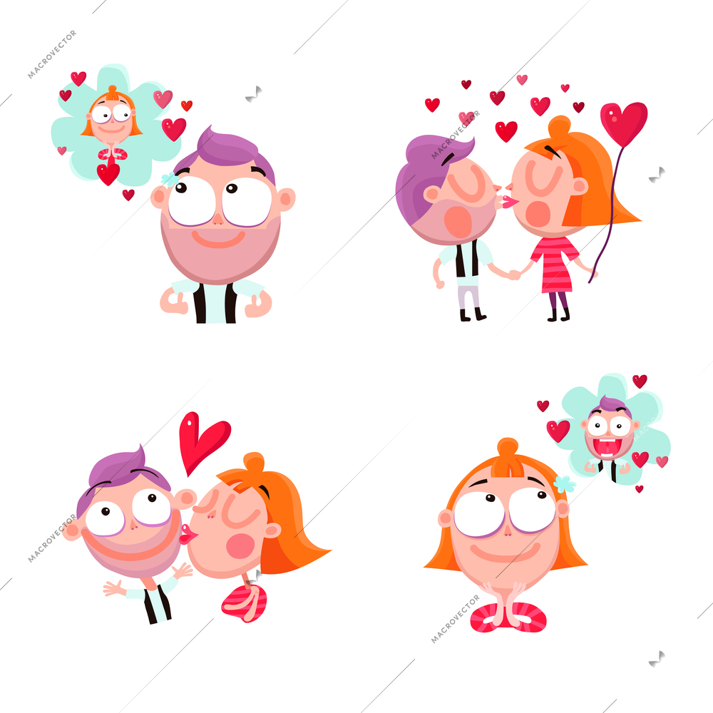 Funny people in love 2x2 stickers set with red hearts isolated on white background cartoon vector illustration