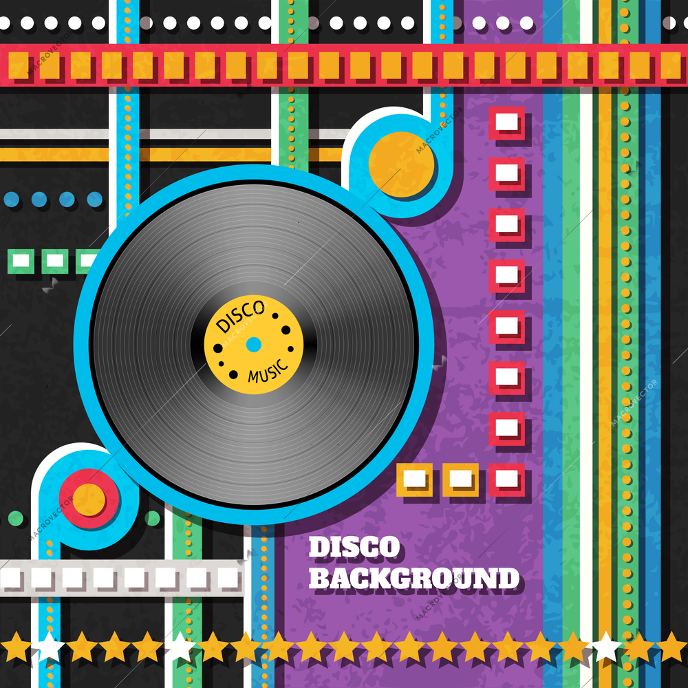 Retro disco music background with vinyl disk and paper decoration vector illustration