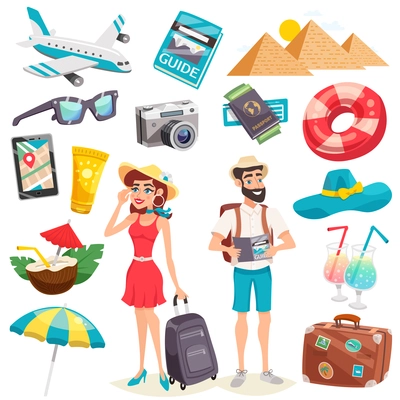 Summer holiday icons set with tourists luggage airplane mobile device egyptian pyramids and cocktails isolated vector illustration