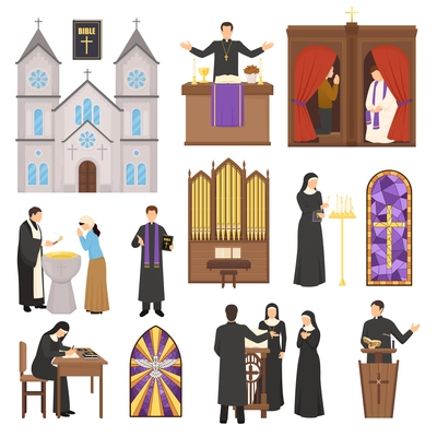 Religion flat set with cathedral interior elements priest and nun isolated on white background vector illustration