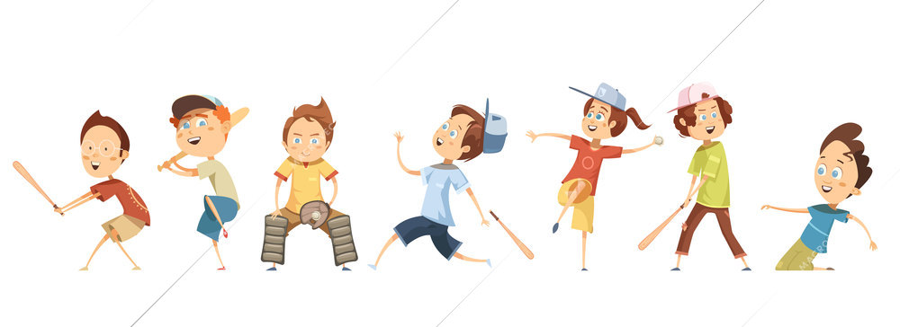 Set of funny cartoon children characters in different poses playing baseball flat isolated vector illustration