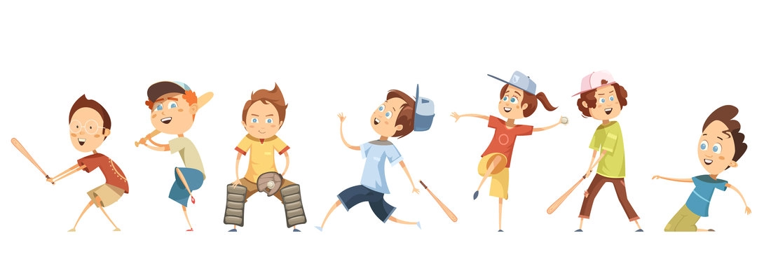 Set of funny cartoon children characters in different poses playing baseball flat isolated vector illustration