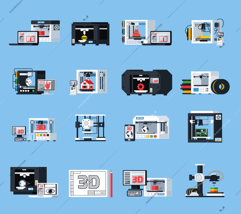 3D printing flat icons set of equipment for engineering modeling designing and printers of different modification flat vector illustration