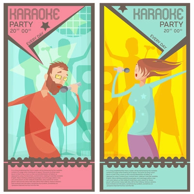 Karaoke party ticket templates with singing man and woman flat vector illustration