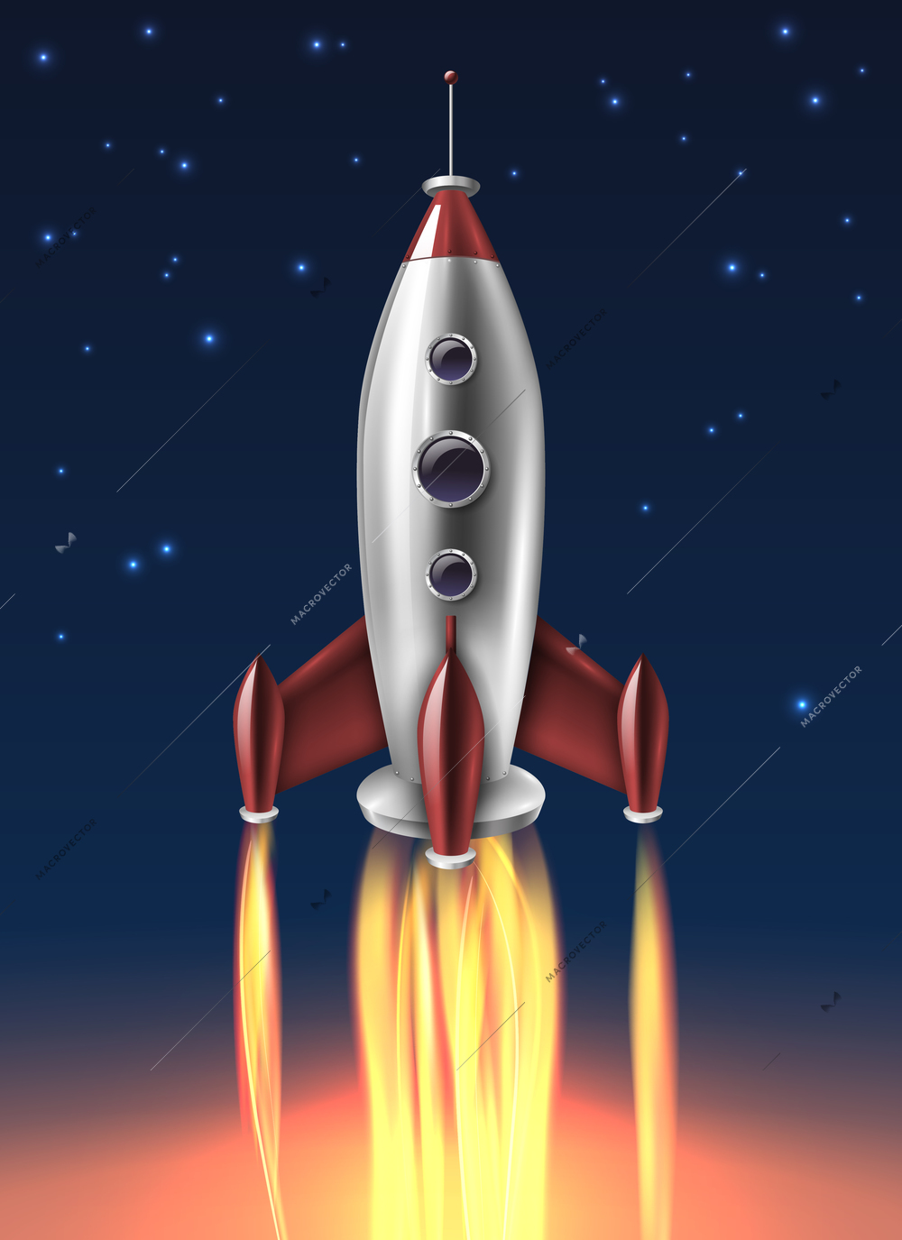 Metallic space rocket launch realistic retro poster with night blue and bright fiery bottom background vector illustration